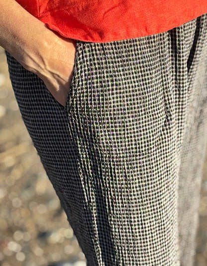 light weight summer cropped trousers in black and grey mini check gingham
