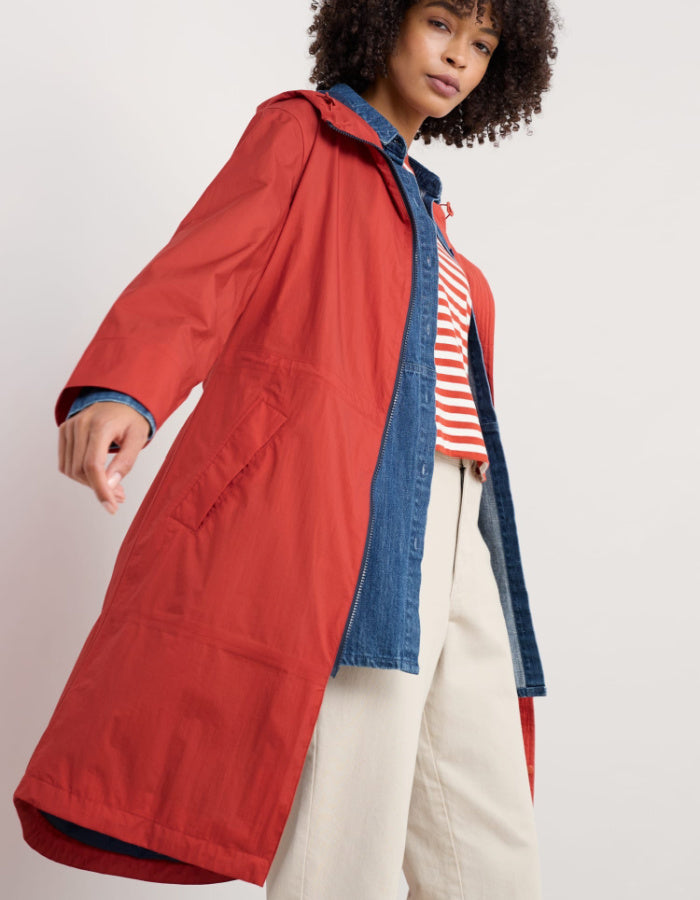 lightweight red packable midi length raincoat with a hood