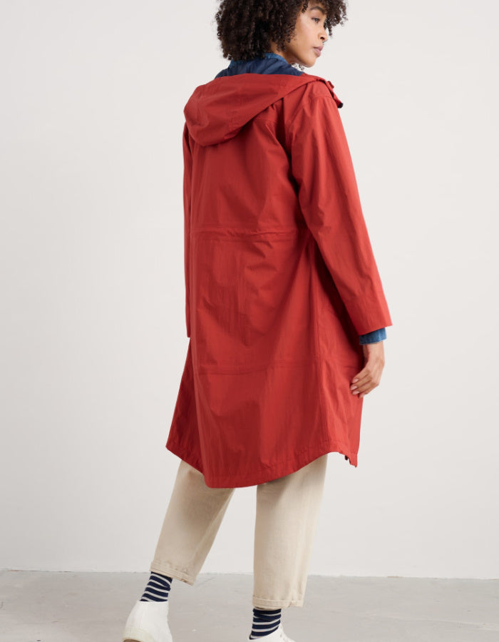 lightweight red packable midi length raincoat with a hood