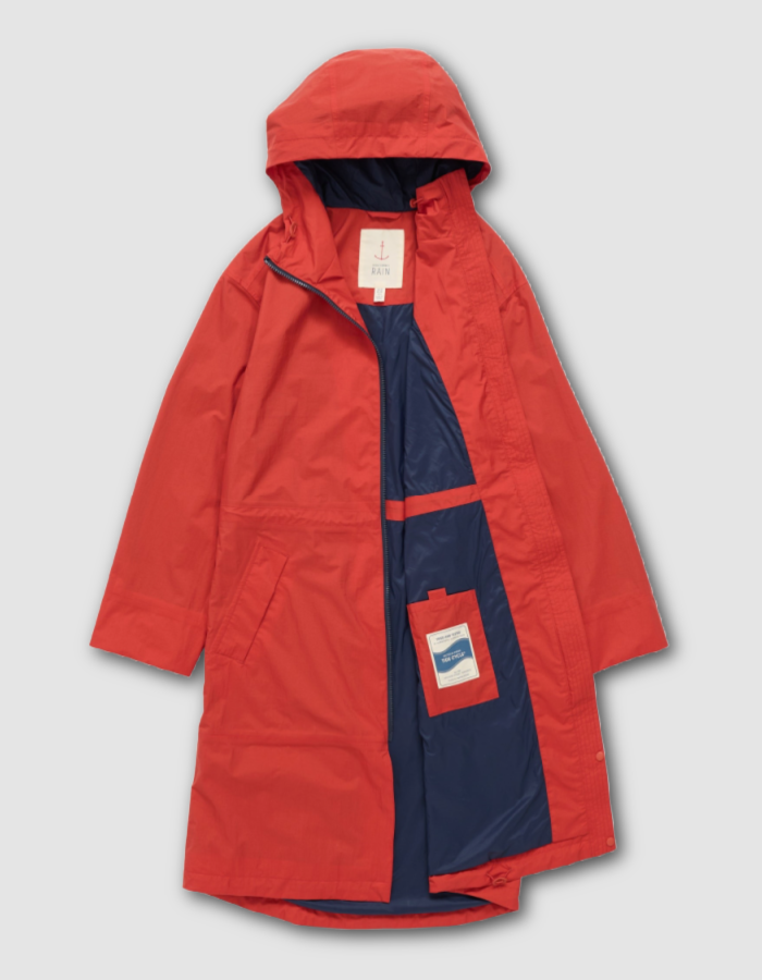 lightweight red packable midi length raincoat with a hood