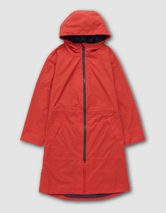 lightweight red packable midi length raincoat with a hood