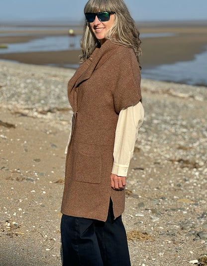 beige brown sleeveless long wool cardigan