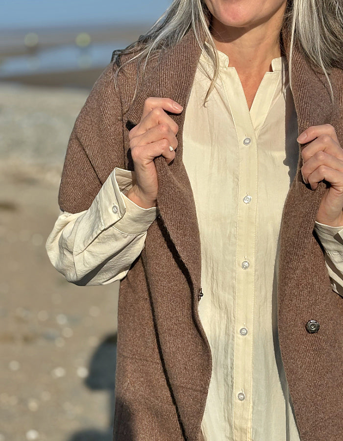 beige brown sleeveless long wool cardigan