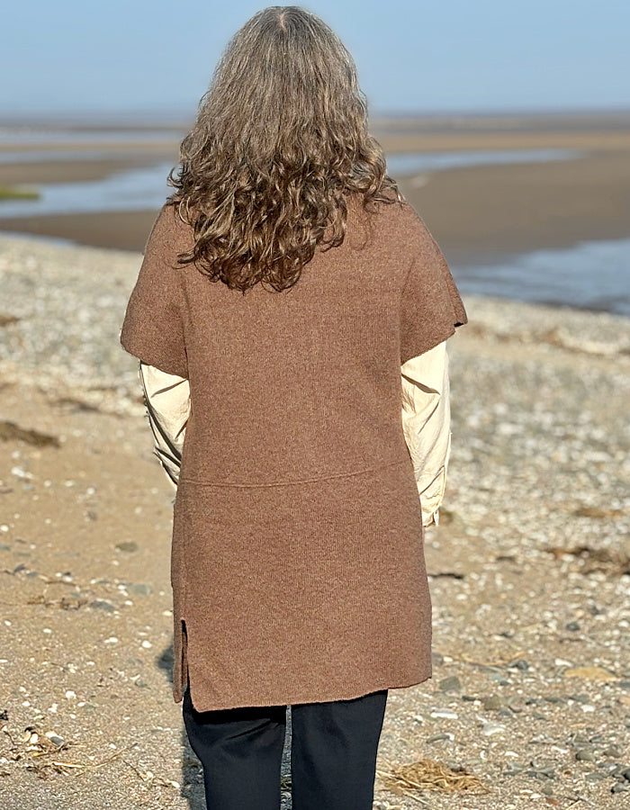 beige brown sleeveless long wool cardigan