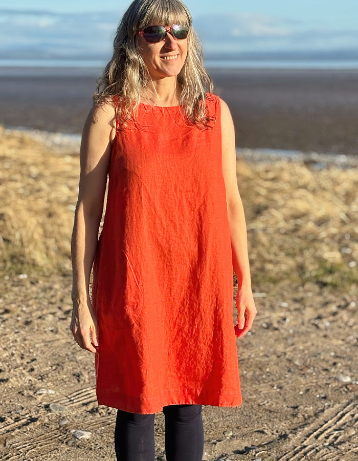 orange linen sleeveless shift dress