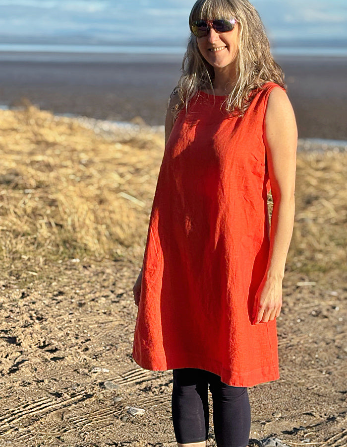 orange linen sleeveless shift dress