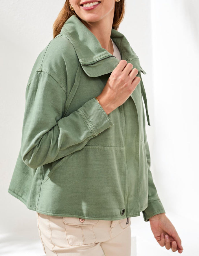 Tribal Twill Jacket with Drawcord Collar in Moss