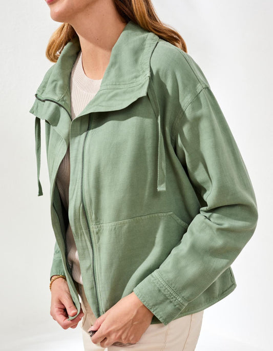 Tribal Twill Jacket with Drawcord Collar in Moss