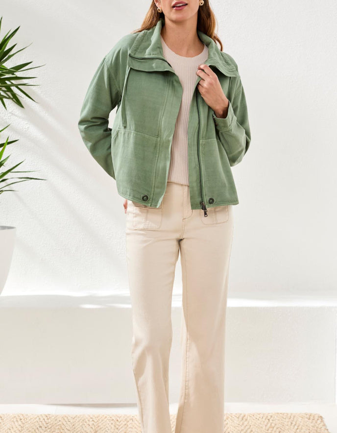 Tribal Twill Jacket with Drawcord Collar in Moss