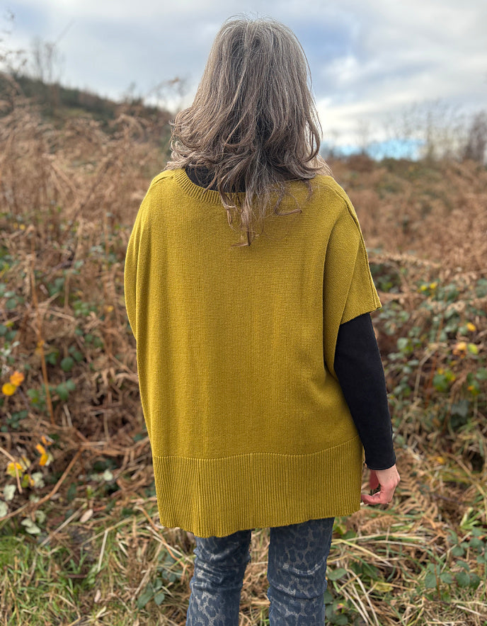 Person wearing a mustard yellow sweater vest standing in a field with dry grass and a cloudy sky.