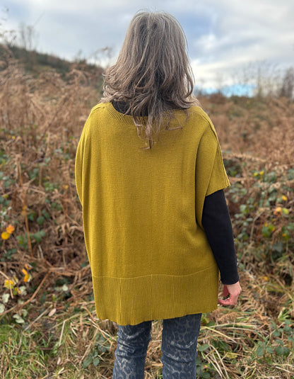 Person wearing a mustard yellow sweater vest standing in a field with dry grass and a cloudy sky.