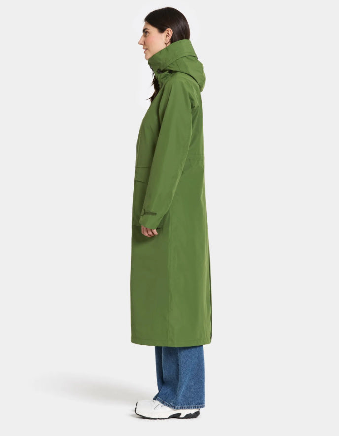 Person wearing a green coat on a white background