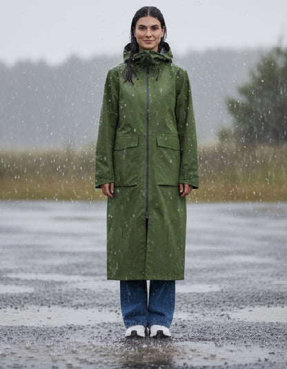 woman wearing midi length raincoat in the rain