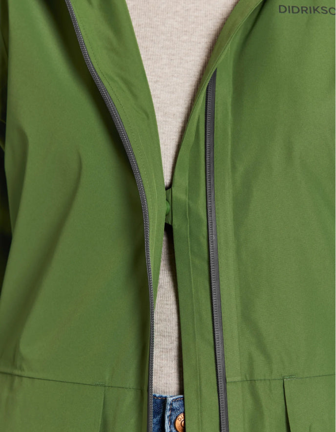 woman wearing midi length green raincoat