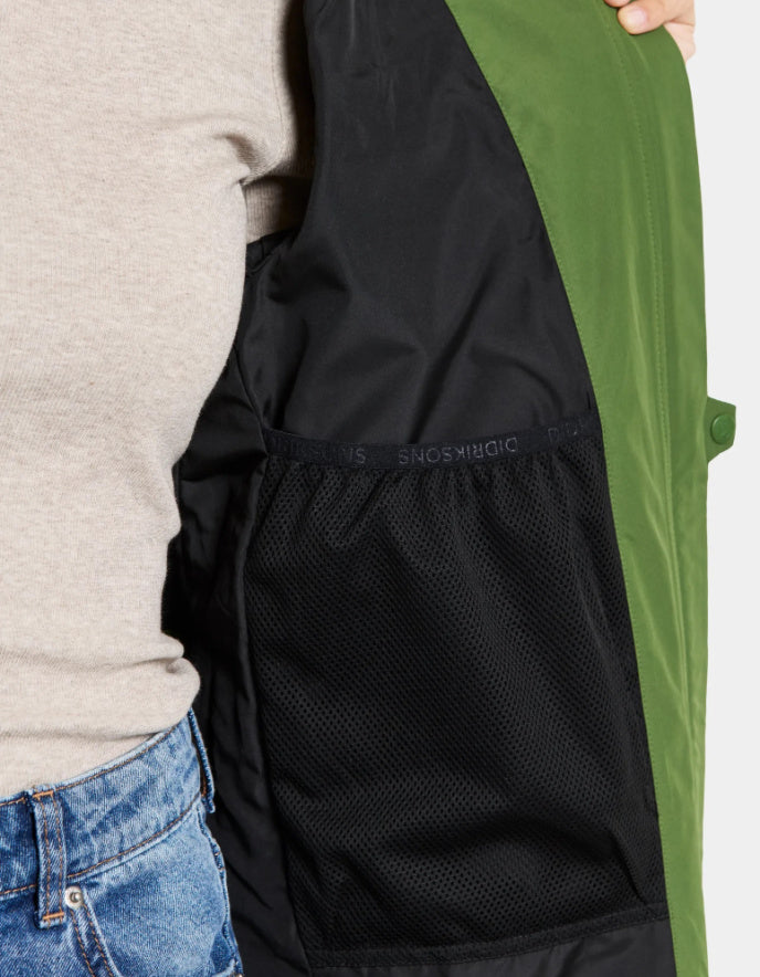 woman wearing midi length green raincoat