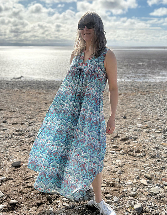 maxi sleeveless cotton kaftan dress with Indian hand block print in aqua turquoise white and red