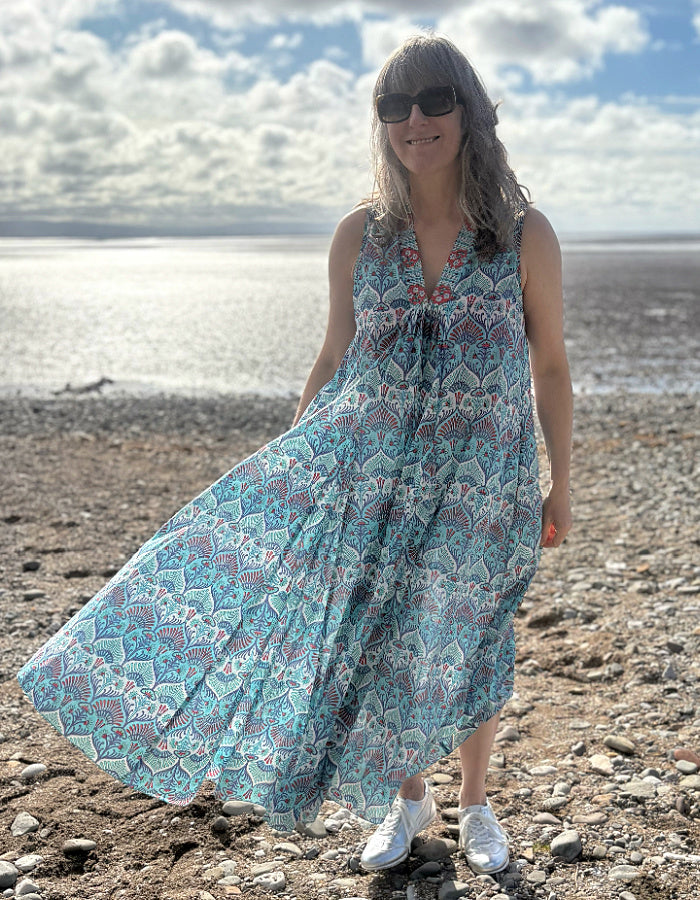 maxi sleeveless cotton kaftan dress with Indian hand block print in aqua turquoise white and red