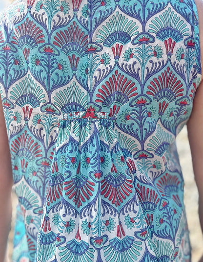 maxi sleeveless cotton kaftan dress with Indian hand block print in aqua turquoise white and red