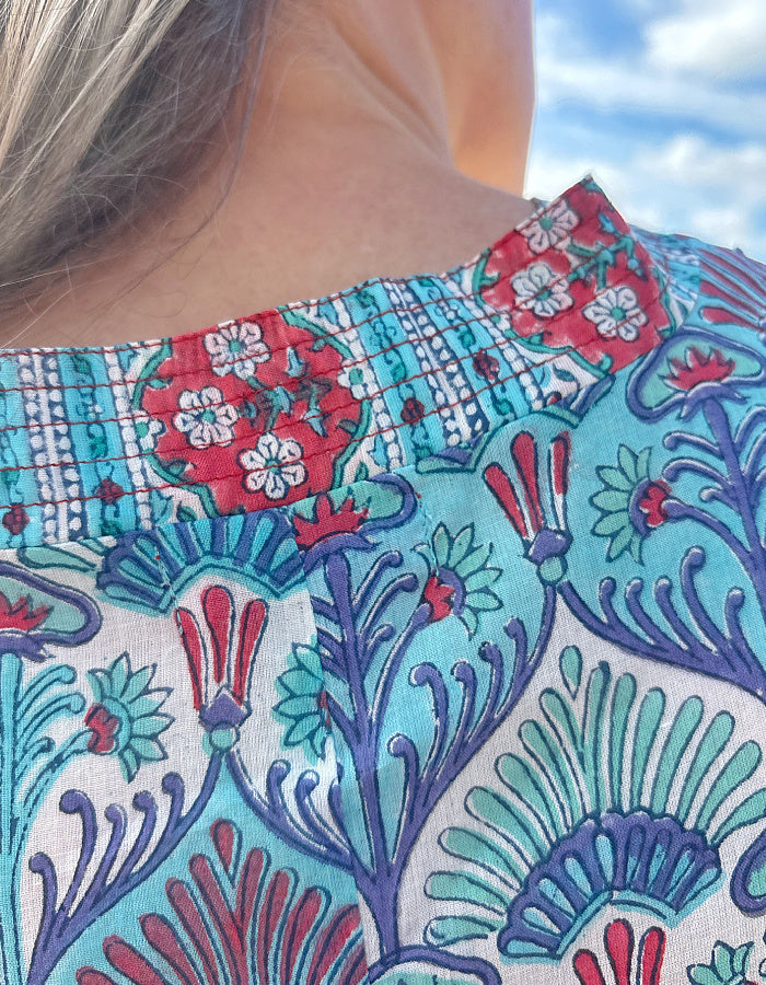 maxi sleeveless cotton kaftan dress with Indian hand block print in aqua turquoise white and red