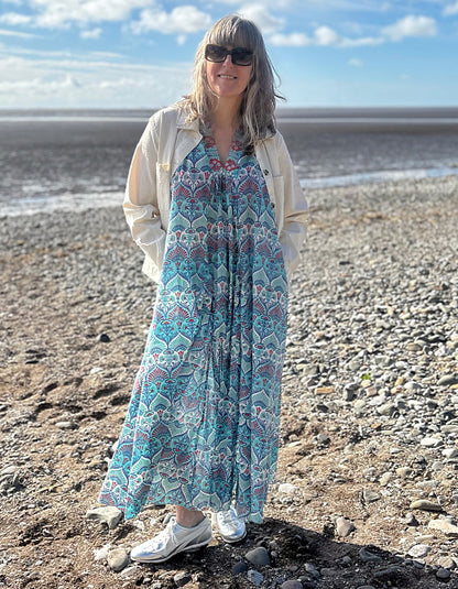 maxi sleeveless cotton kaftan dress with Indian hand block print in aqua turquoise white and red
