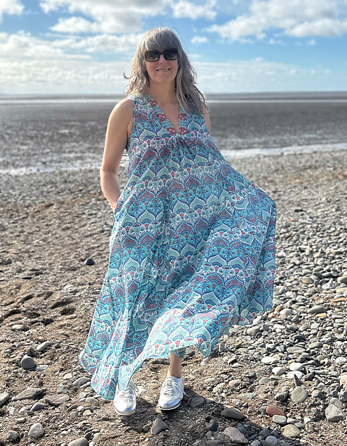 maxi sleeveless cotton kaftan dress with Indian hand block print in aqua turquoise white and red