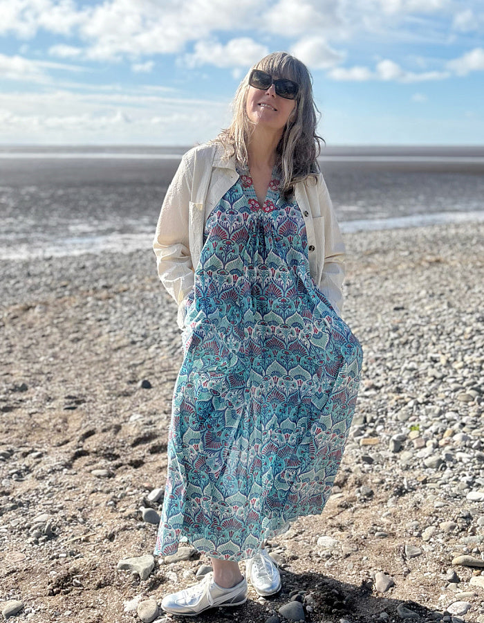 maxi sleeveless cotton kaftan dress with Indian hand block print in aqua turquoise white and red