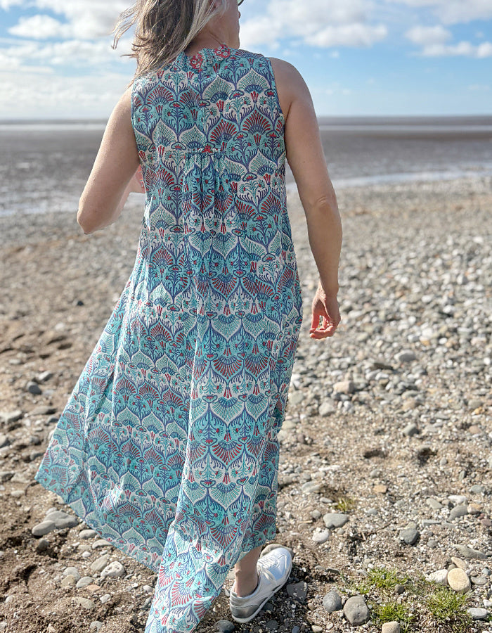 maxi sleeveless cotton kaftan dress with Indian hand block print in aqua turquoise white and red