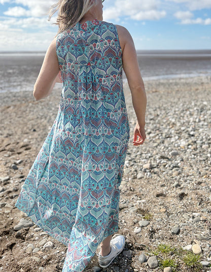 maxi sleeveless cotton kaftan dress with Indian hand block print in aqua turquoise white and red