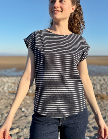 navy and white Breton striped short sleeve cotton t-shirt