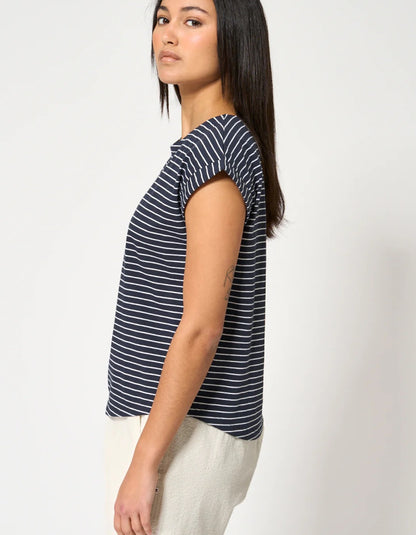 navy and white Breton striped short sleeve cotton t-shirt
