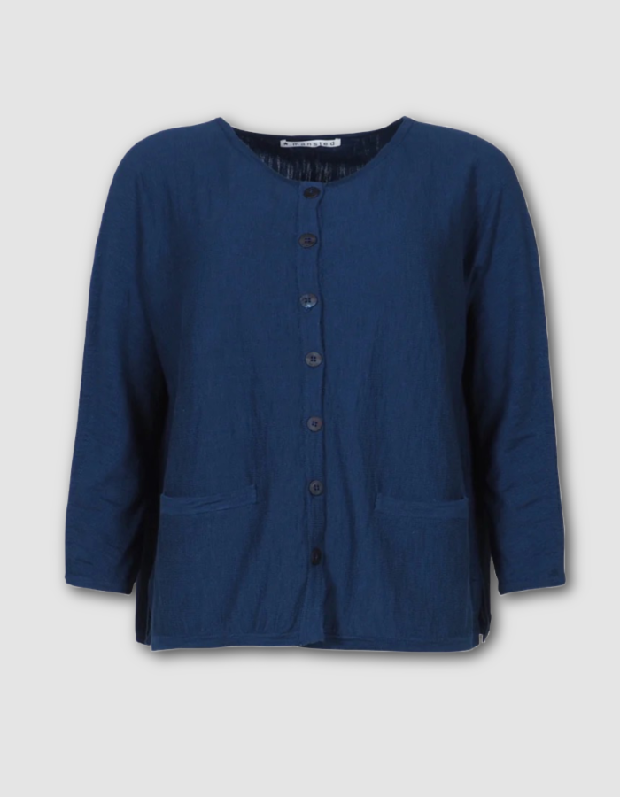 loose fit cotton slub summer cardigan with 3/4 length sleeves, two front patch pockets in navy blue