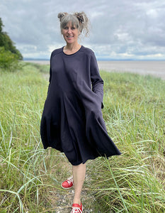 one size midnight navy cotton jersey swing dress with full length sleeves and godet panels in the skirt