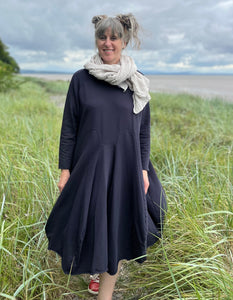 one size midnight navy cotton jersey swing dress with full length sleeves and godet panels in the skirt