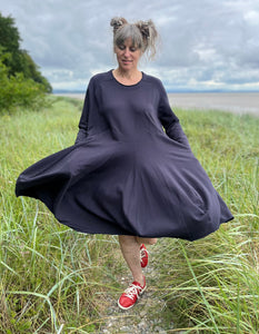 one size midnight navy cotton jersey swing dress with full length sleeves and godet panels in the skirt