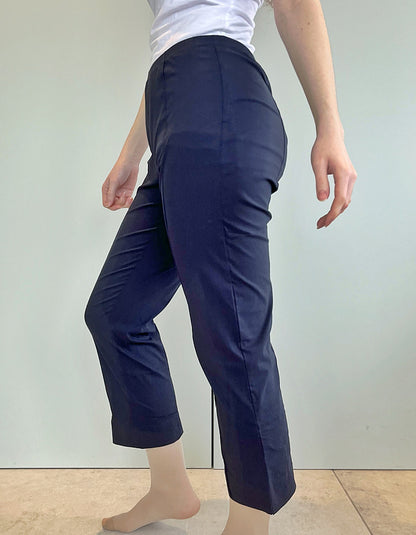 foil trapeze fabric pull on stretch trouser with elasticated waist and straight leg, 7/8ths length with side split hem