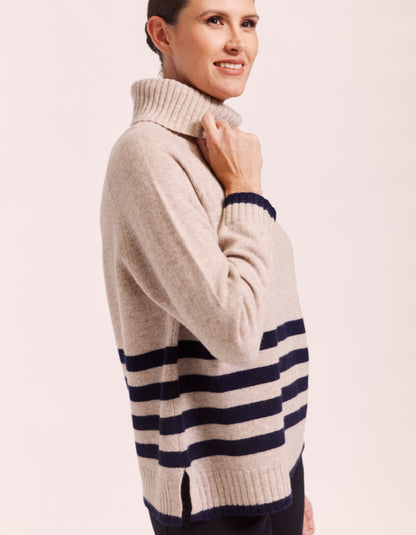 See Saw Button Back Rollneck in Wheat & Navy Stripe