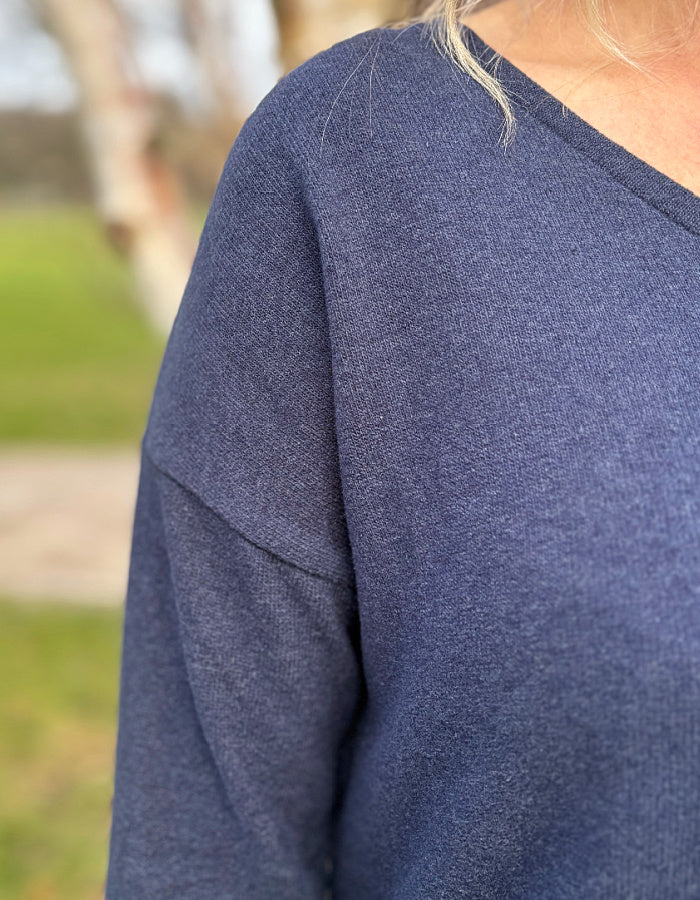 navy v neck fleecy wide fit jumper