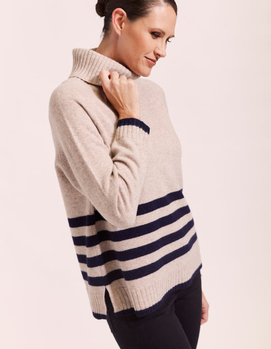 See Saw Button Back Rollneck in Wheat & Navy Stripe