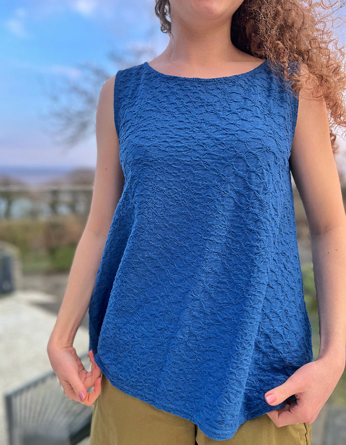 blue swing tank top with textured waffle feel