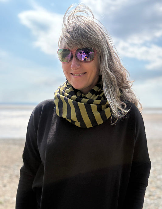Neirami Cosy Snood in Olive and Charcoal Stripe