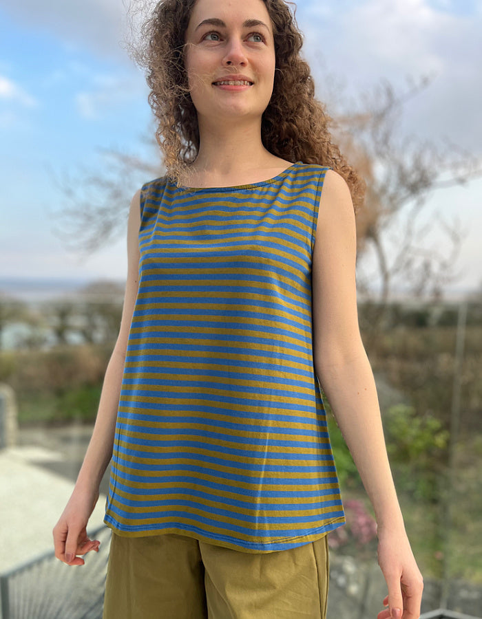 striped cotton jersey sleeveless swing tank in khaki and blue stripes