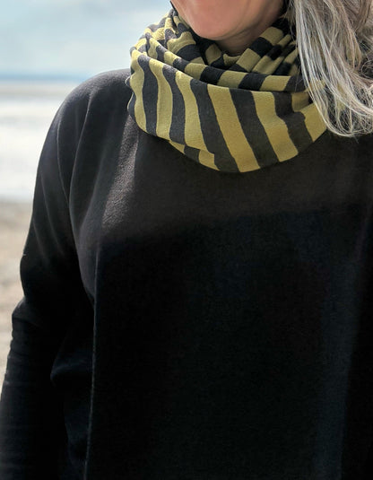 Neirami Cosy Snood in Olive and Charcoal Stripe