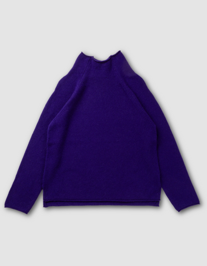 dark purple lambswool,long sweater with raglan sleeves and mock turtle neck. made in Scotland