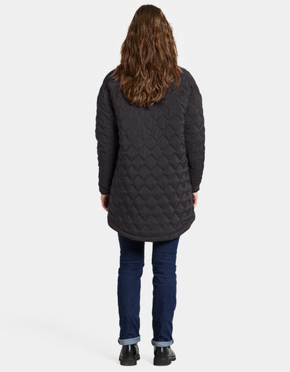 Person wearing a dark quilted coat on a white background