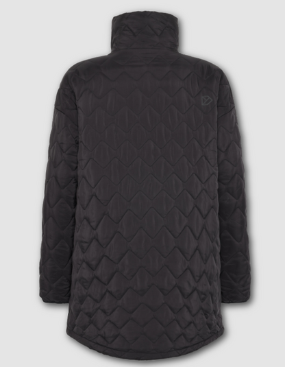 Black quilted jacket on a light gray background