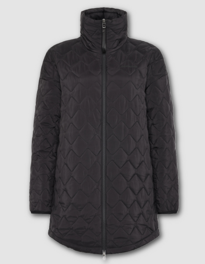 Quilted black jacket on a light gray background