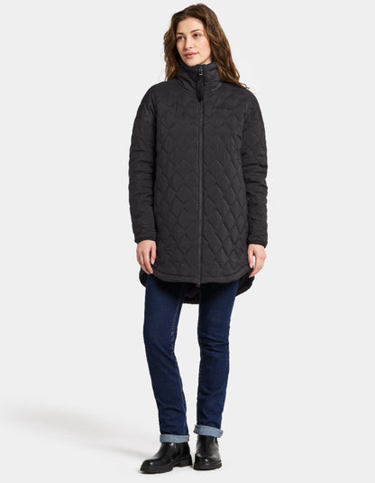 Woman wearing a dark quilted coat on a white background