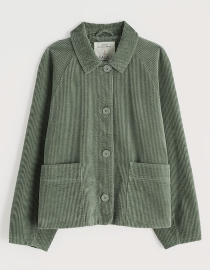  sage green boxy fit cotton cord jacket with a white background