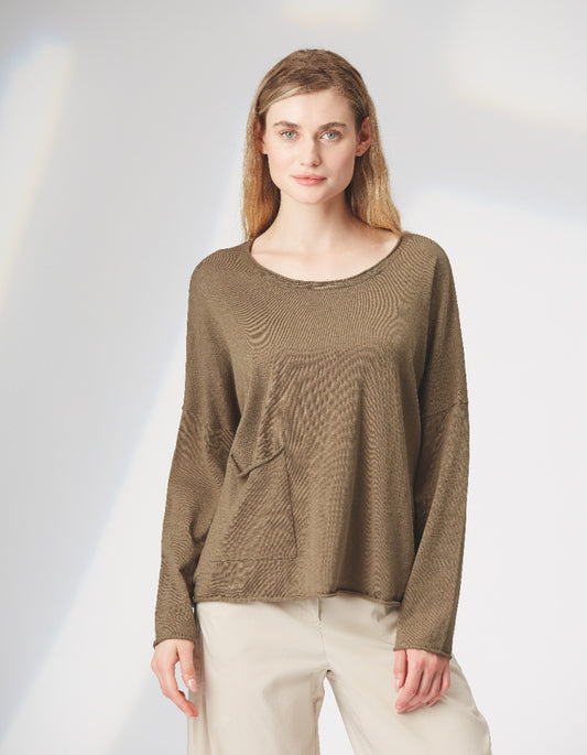 boxy cotton summer sweater with wide fit, scoop neckline and one oversized patch pocket on the front in olive