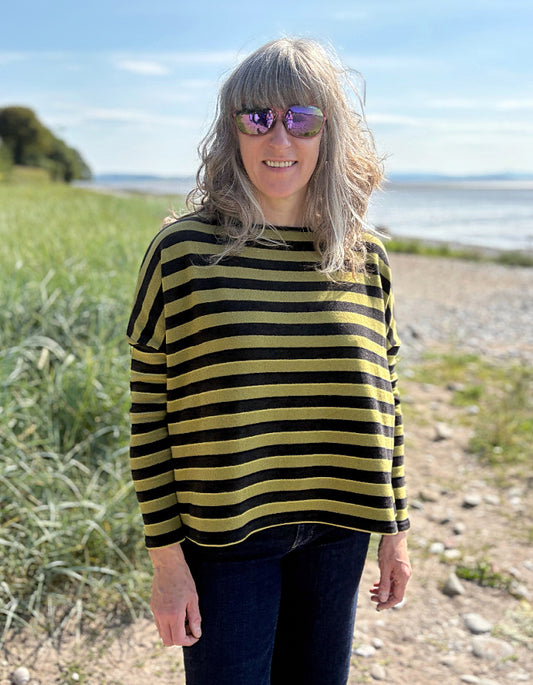 Neirami Boxy Knit in Olive and Charcoal Stripe